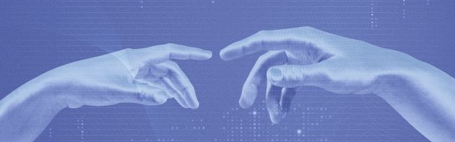 AI digital transformation background in blue with robotic hands