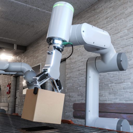 Dos cobots trabajando cogiendo cajas.